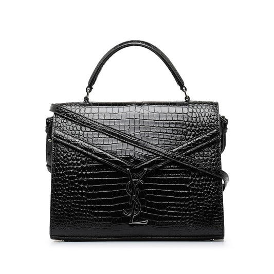 Saint Laurent Medium Crocodile Embossed Cassandra Top Handle Bag Black