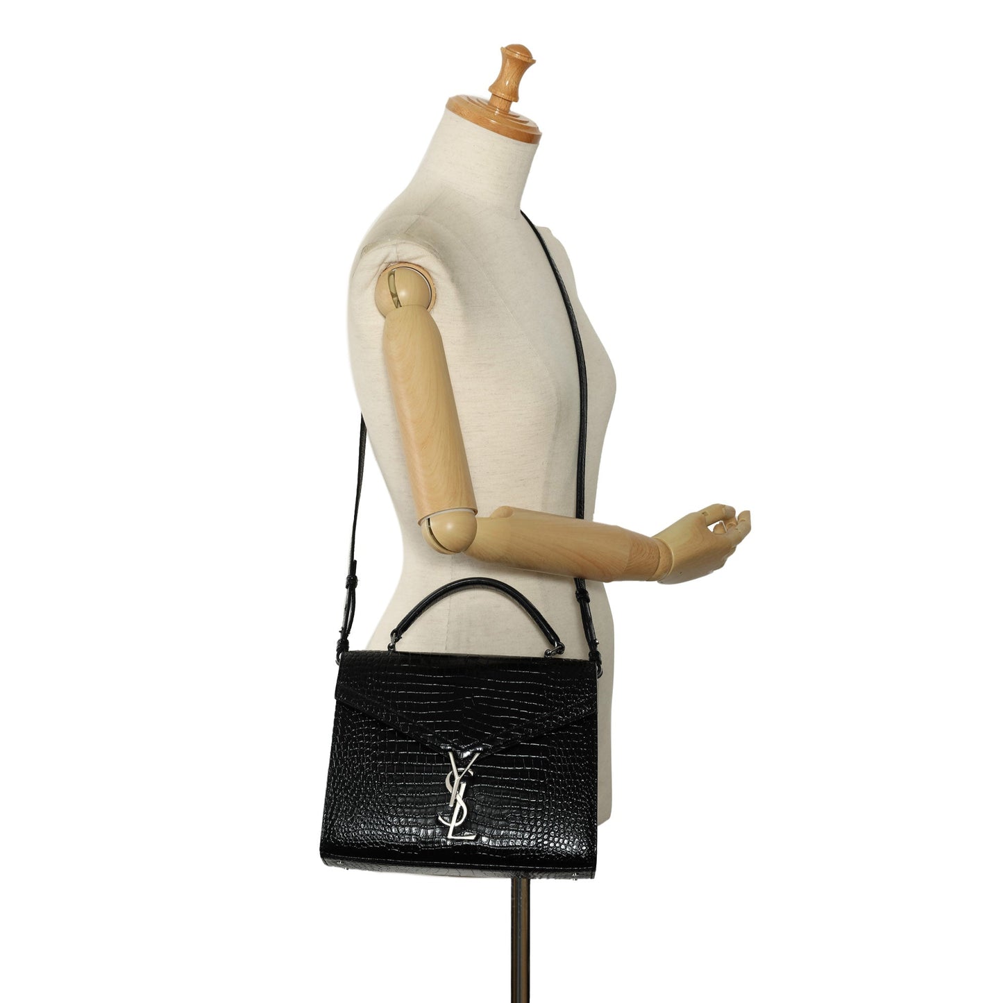 Saint Laurent Medium Crocodile Embossed Cassandra Top Handle Bag Black