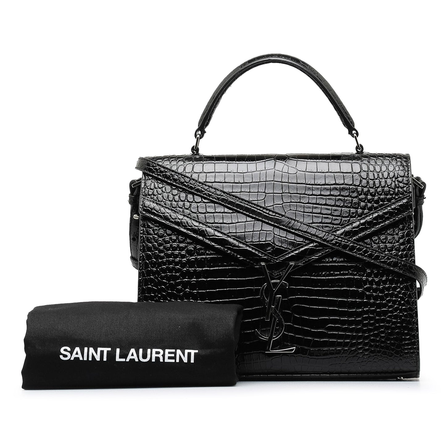 Saint Laurent Medium Crocodile Embossed Cassandra Top Handle Bag Black
