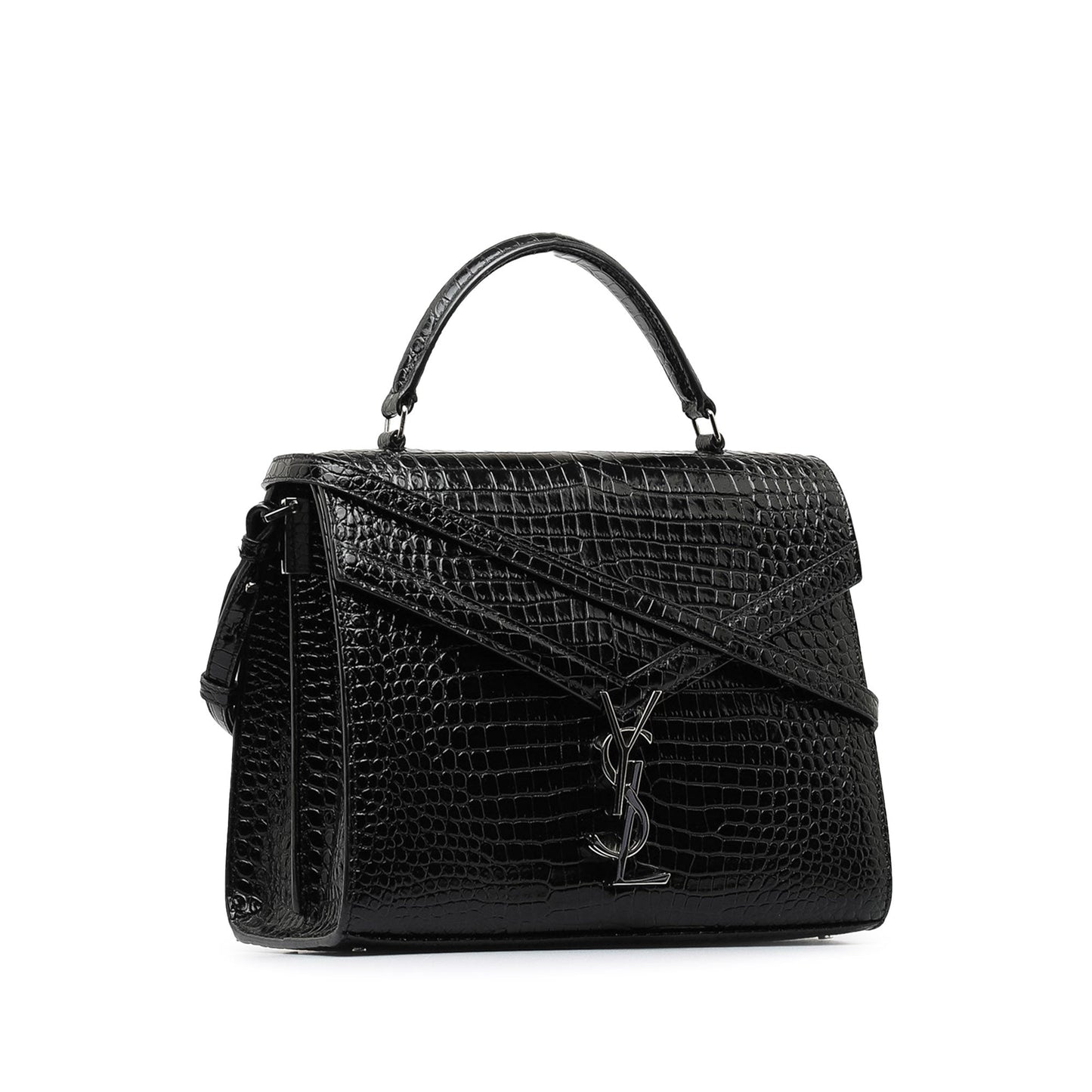 Saint Laurent Medium Crocodile Embossed Cassandra Top Handle Bag Black