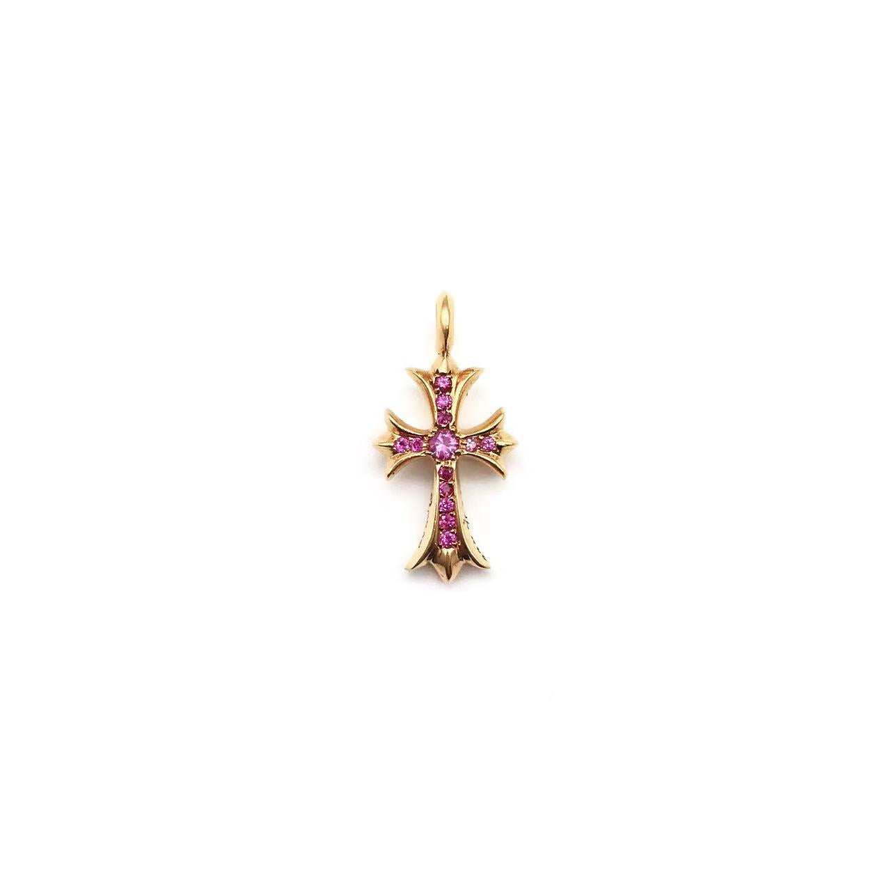 Chrome Hearts 22K Gold Pink Saph Tiny Cross Charm Pendant
