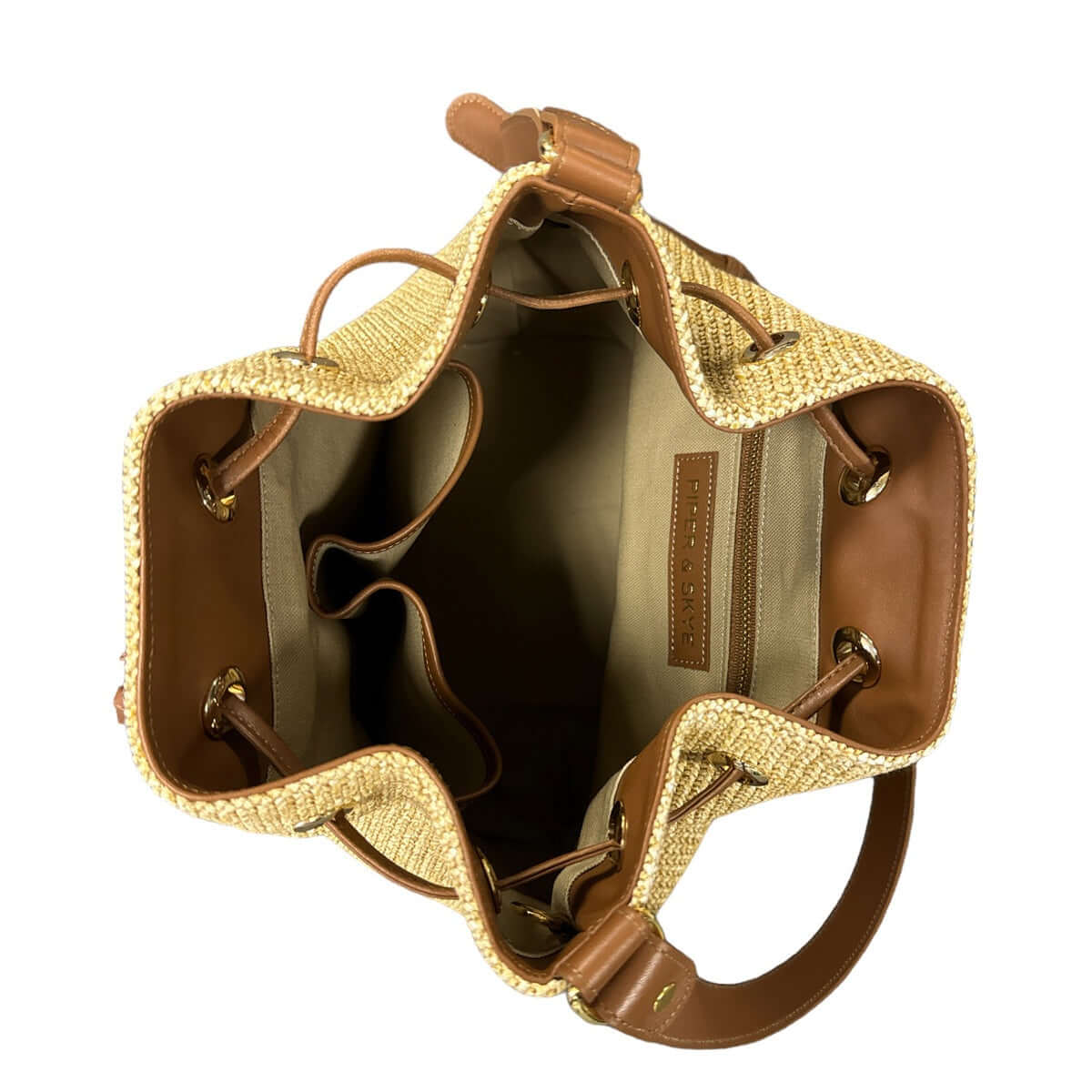 Malaga Raffia Bucket Bag - Cognac Leather and Camel Raffia