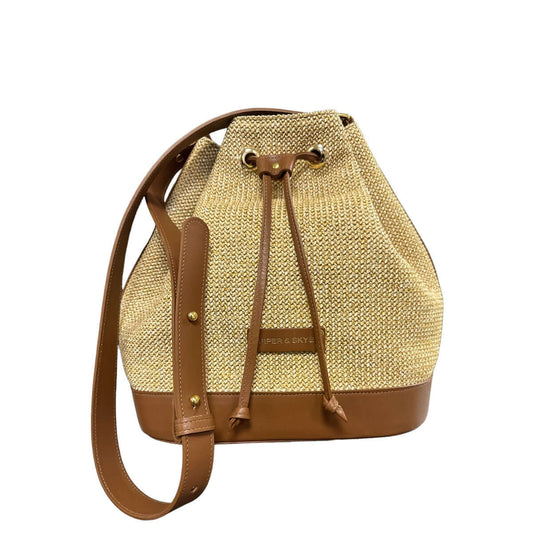 Malaga Raffia Bucket Bag - Cognac Leather and Camel Raffia