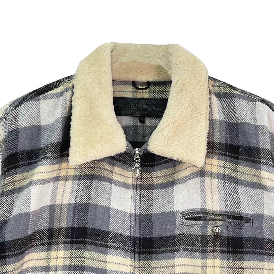 Chrome Hearts Plaid  Fur Collar Zip Up Jacket