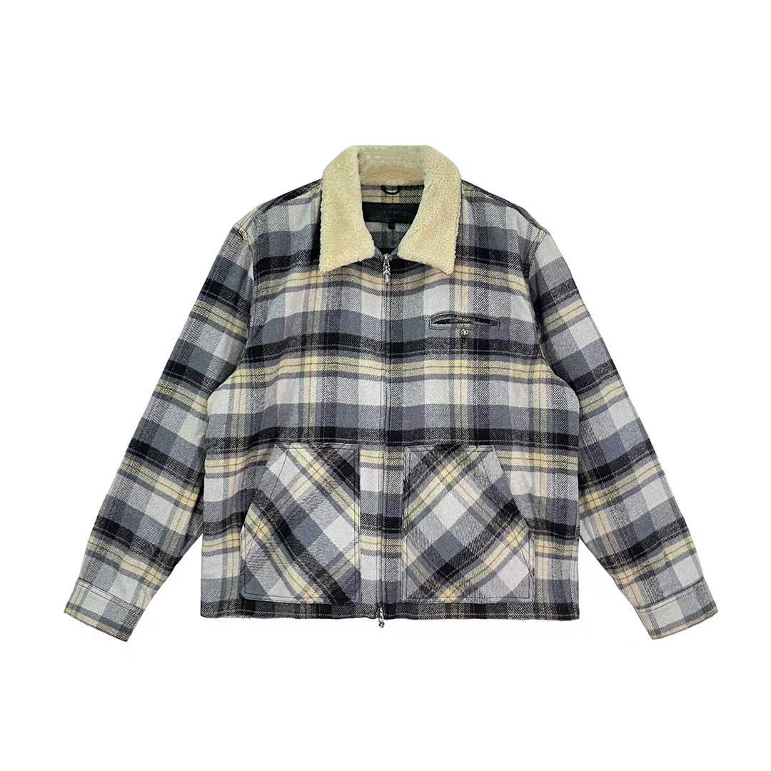 Chrome Hearts Plaid  Fur Collar Zip Up Jacket