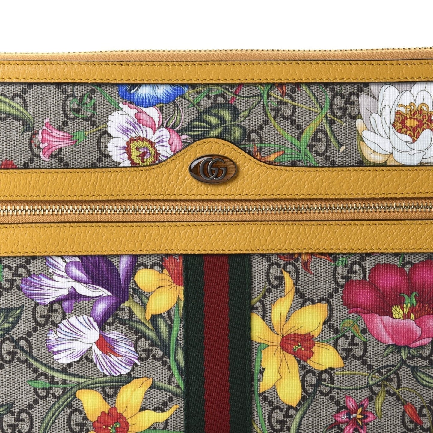 Gucci Ophidia Yellow Leather Supreme Canvas Flora Large Pouch Clutch Bag 517551