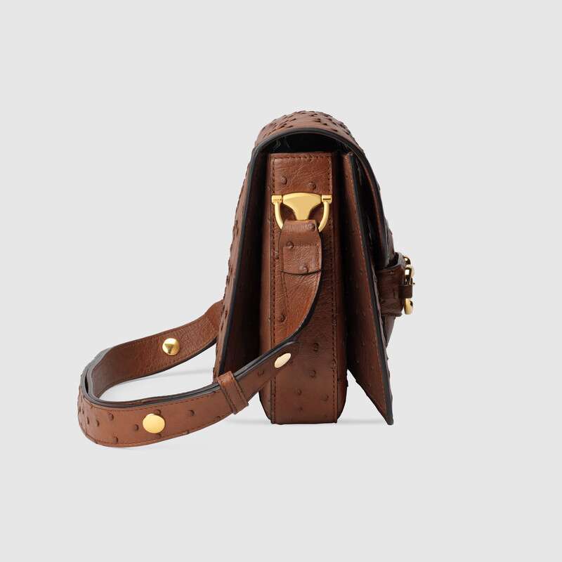 Gucci Horsebit 1955 Ostrich Shoulder Bag Brown Ostrich