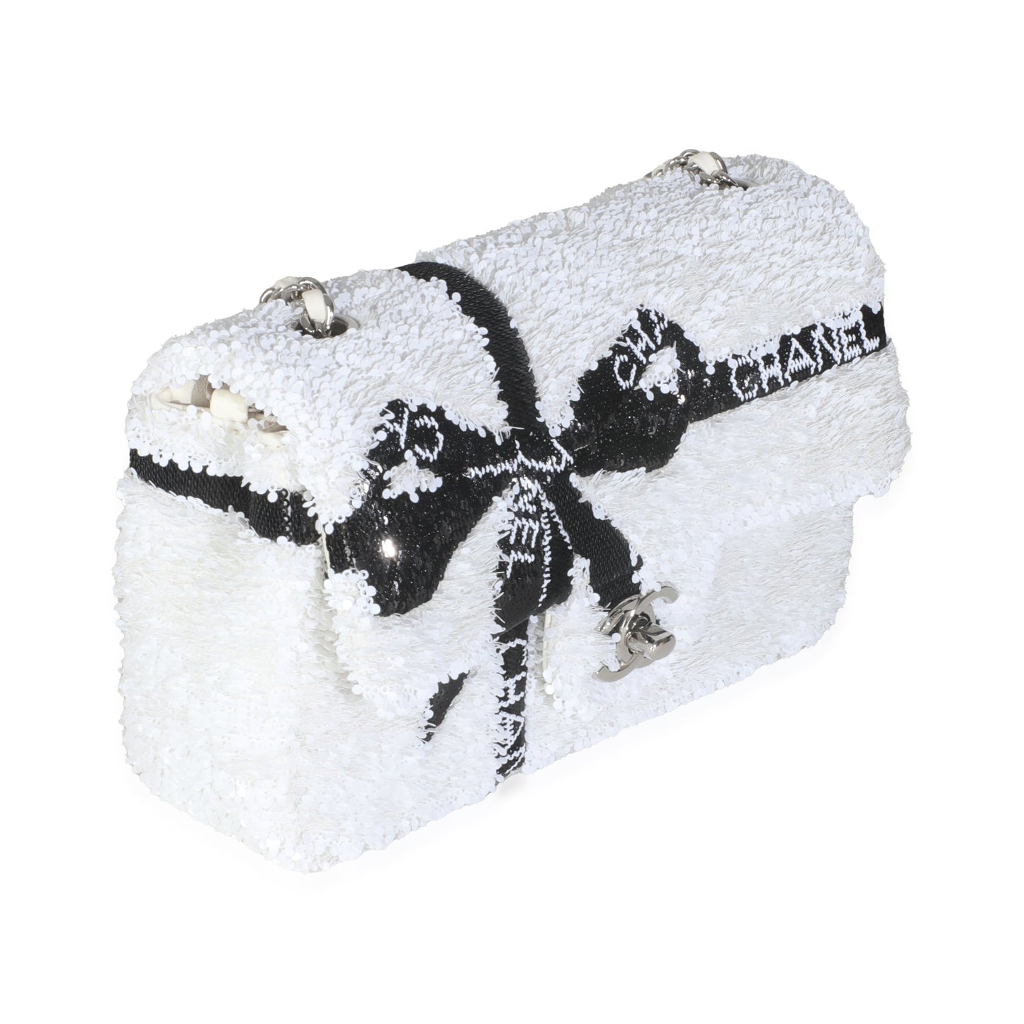 White Black Sequin Bow Mini Rectangular Flap Bag