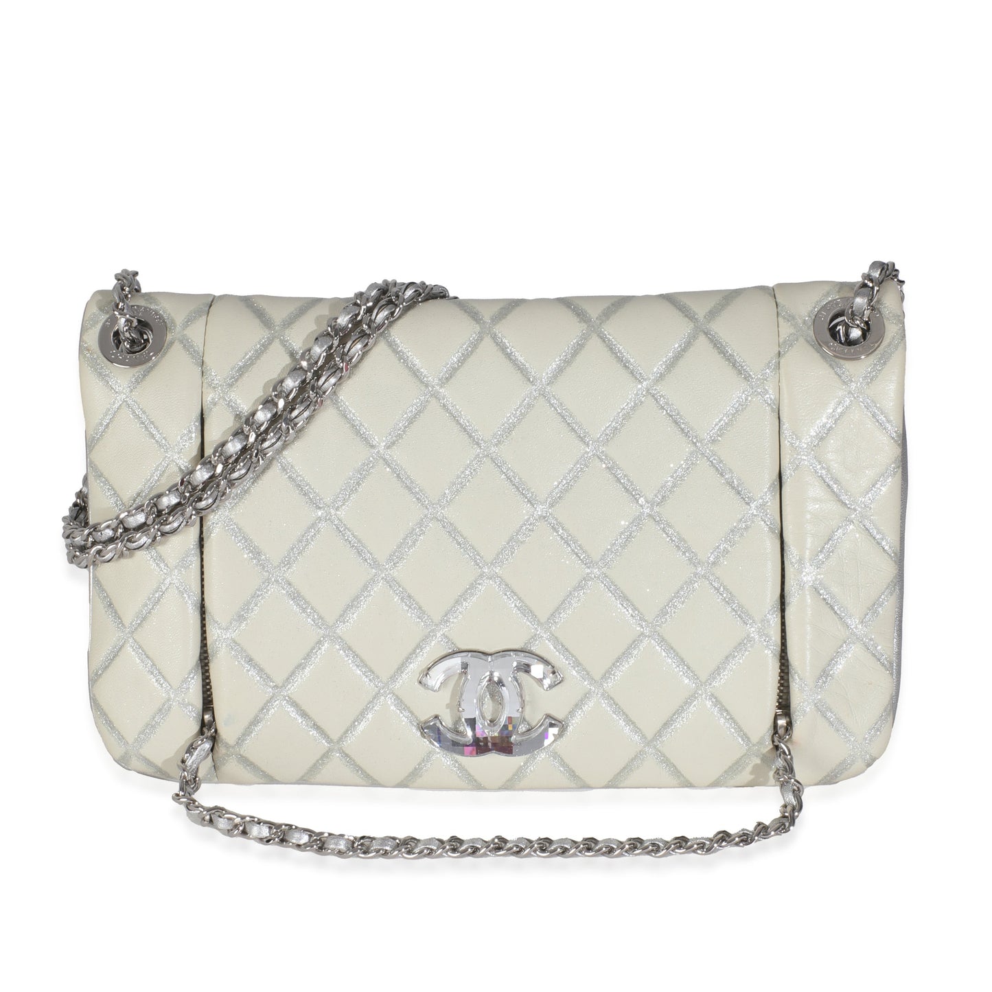 Ivory Metallic Distressed Lambskin Quilted CC Flap Bag